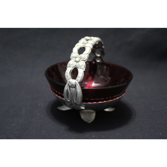 Vintage Rodney Kent Hammered Aluminum Basket with Ruby Red Glass Bowl 1930/40's - Picture 1 of 6